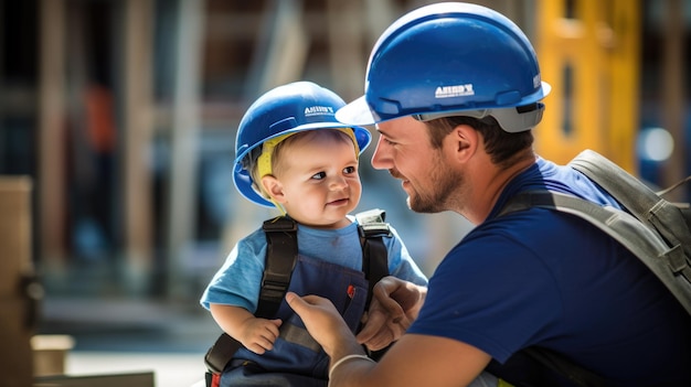 Padre e figlio piccolo che interpretano operai edili realistici in uniformi speciali in un cantiere edile