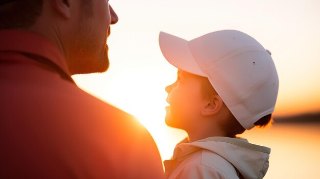 Padre e figlio seduti contro la vista del lago al tramonto