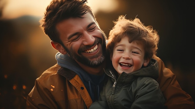 Padre e figlio si abbracciano felici in natura felicità risate e amore familiare di un padre e figlio