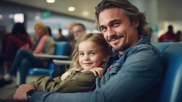 Padre e figlio sorridono mentre aspettano un aereo nella sala d'attesa dell'aeroporto