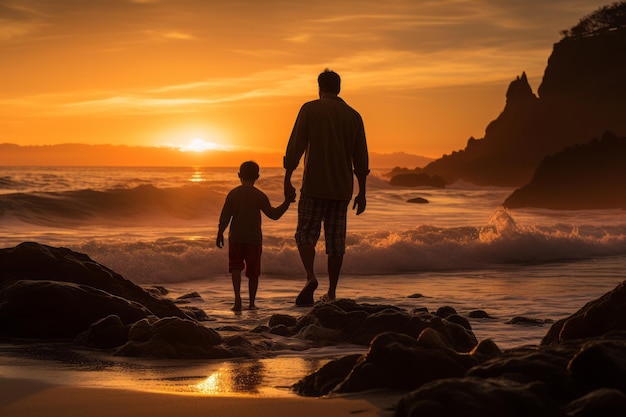 Padre e figlio sulla spiaggia al tramonto AI generativa