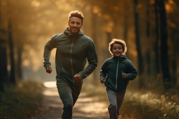 Padre e figlio vestiti con le tute da ginnastica che corrono con la luce mattutina Sport concept