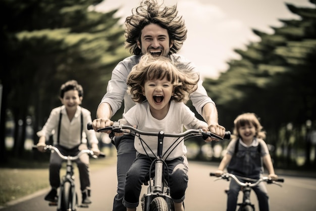 Padre e madre e figli che indossano il casco in bicicletta insieme IA generativa