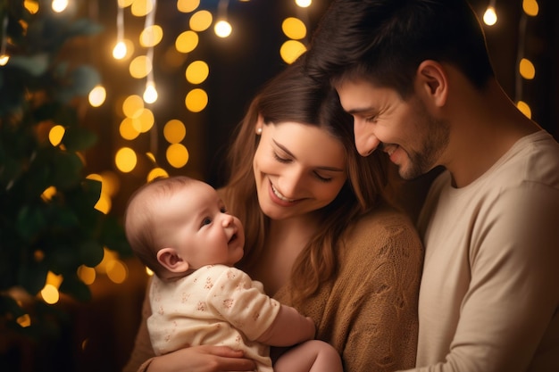 padre e madre felici che tengono in braccio il loro bambino e sorridono per il vostro bambino