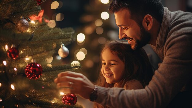 padre felice e figlia piccola che decorano insieme l'albero di Natale a casa