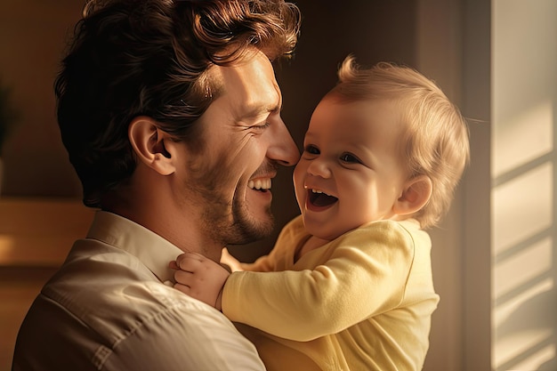 padre felice e figlia piccola che si abbracciano e ridono insieme nella stanza di casa