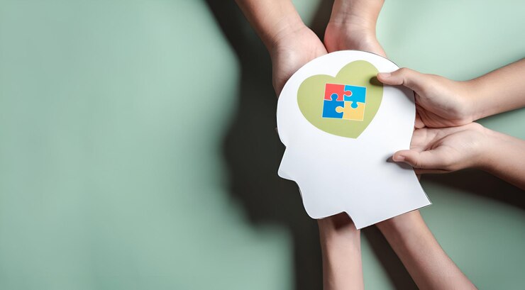Padre Madre Bambini che tengono in mano un puzzle a cuore Puzzle a colori simbolo di consapevolezza per il disturbo dello spettro autistico Supporto familiare Giornata mondiale della consapevolezza dell'autismo