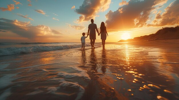 Padre, madre e figlio in vacanza estiva sullo sfondo del mare blu e del cielo