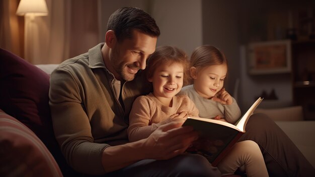 Padre maturo con due bambini piccoli che riposano in casa a casa Concetto di super papà