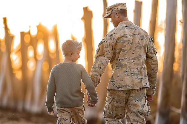 padre militare cammina con suo figlio tenendogli la mano