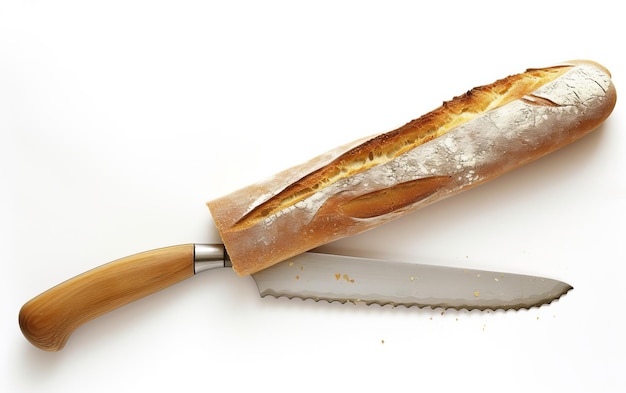 Padroneggiare il pane artigianale con il coltello da pane su sfondo bianco.