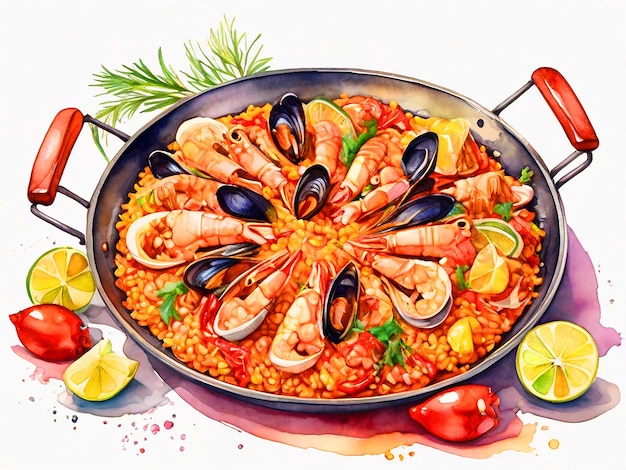 Paella acquerello clipart isolato su sfondo bianco