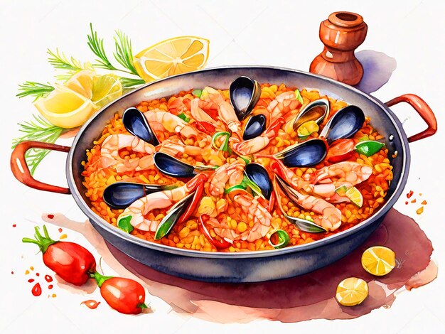 Paella acquerello clipart isolato su sfondo bianco