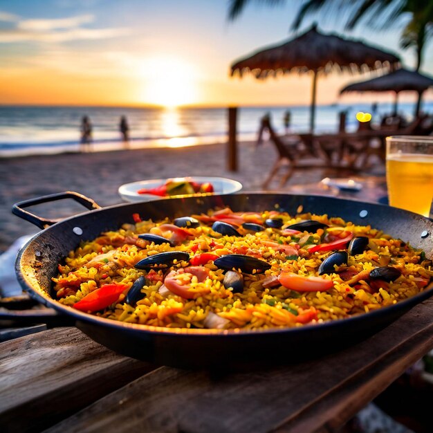 paella appena fatta sullo sfondo della festa in una serata sfocata sulla spiaggia