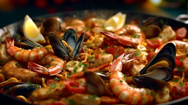 Paella con Cozze e Gamberi da vicino