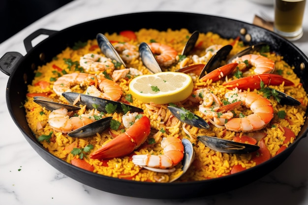 Paella con frutti di mare in padella su un tavolo di marmo.