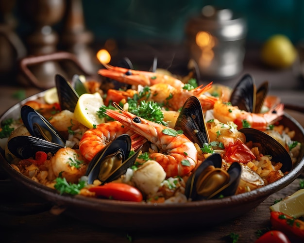 Paella con pollo e frutti di mare che è deliziosa e decadente AI generativa