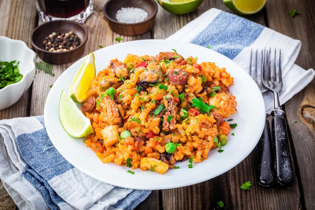Paella della cucina spagnola con frutti di mare e salsicce chorizo