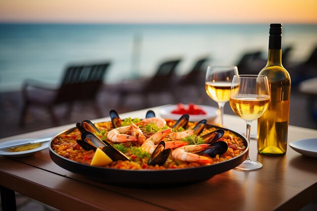 Paella di frutti di mare con un bicchiere di vino sul tavolo sullo sfondo di un mare mediterraneo al tramonto