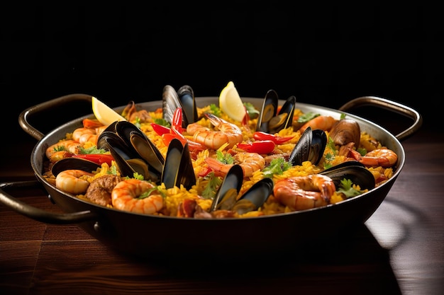 Paella di frutti di mare in una padella tradizionale spagnola