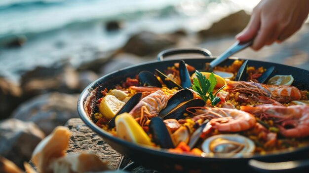 Paella di frutti di mare sullo sfondo costiero