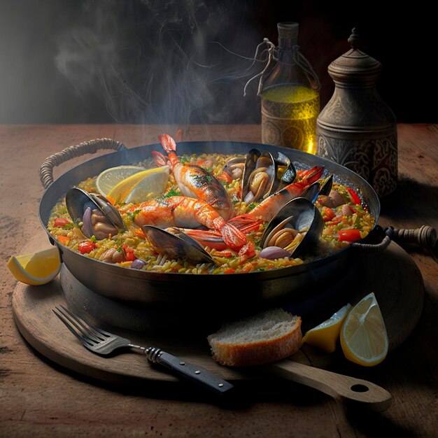 Paella spagnola tavolo antico tavolo in legno Immagine