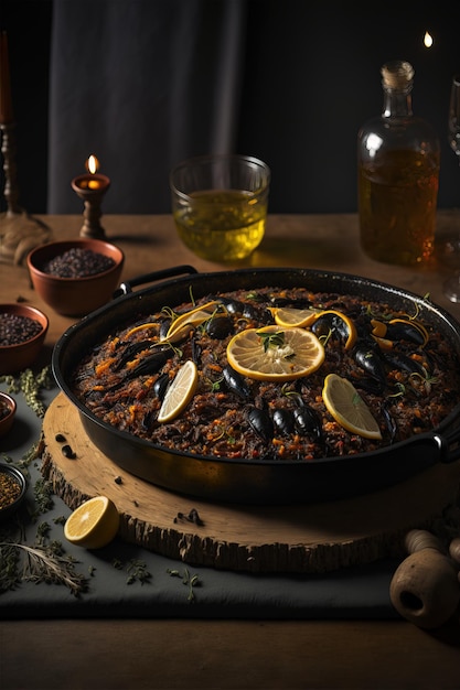 Paella spagnola tradizionale con frutti di mare e pollo generativo AI