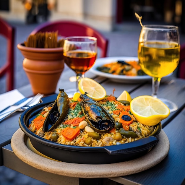 Paella spagnola tradizionale con frutti di mare e pollo generativo AI