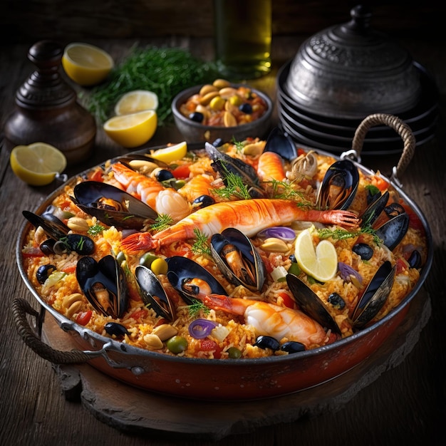 Paella spagnola tradizionale con frutti di mare e pollo generativo AI