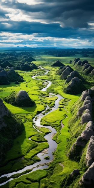 Paesaggi affascinanti Un fiume scorre attraverso le formazioni organiche di Badlands Field