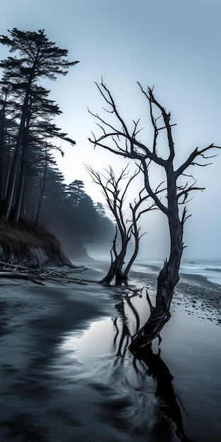 Paesaggi costieri stratificati e suggestivi con alberi morti