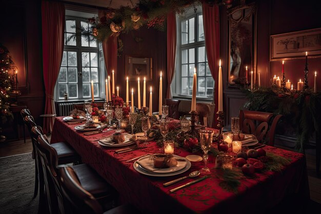Paesaggi di tavoli rossi festivi nel soggiorno per la cena di Natale AI generativa