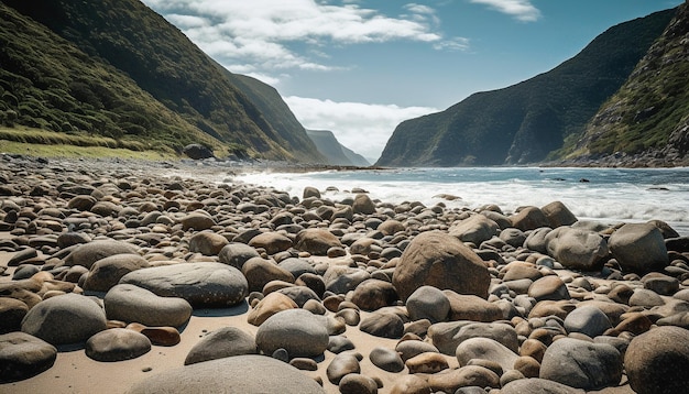 Paesaggi marini tranquilli acque blu scorrono su coste rocciose e spiagge di ciottoli generate dall'AI