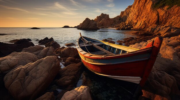 Paesaggi romantici drammatici Un ritratto fotografico di una piccola barca rossa o blu su una riva rocciosa