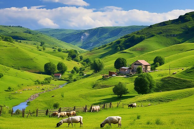 Paesaggi rurali con idilliaci terreni agricoli e animali da pascolo