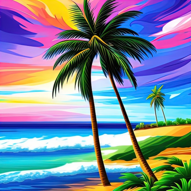 Paesaggi sulla sabbia del mare e un oceano di palme dipinti a olio fatti a mano