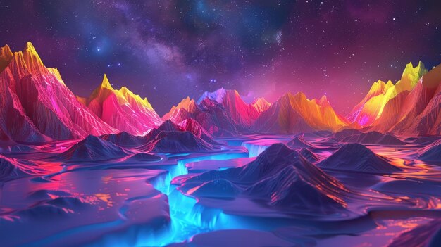 Paesaggio 3D vibrante con cime al neon, corsi d'acqua luminosi e uno sfondo stellato che evoca un'atmosfera surreale.