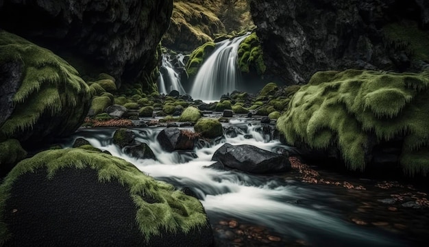 Paesaggio a cascata con rocce ricoperte di muschio verde Genera Ai