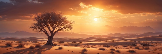 Paesaggio accattivante un albero solitario in silhouette contro il cielo nuvoloso arancione nel deserto al tramonto AI generativa