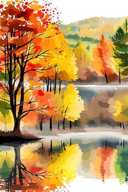 Paesaggio ad acquerello Foresta autunnale sulla riva del lago Illustrazione vettoriale Alberi autunnali sulla riva di un calmo bosco Lago o stagno in un soleggiato giorno autunnale