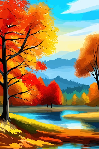 Paesaggio ad acquerello Foresta autunnale sulla riva del lago illustrazione vettoriale alberi autunnali sulla riva di un lago o stagno calmo nella foresta in una giornata soleggiata autunnale