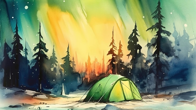 Paesaggio ad acquerello inverno foresta di abete tenda da campeggio luci del nord generate ai