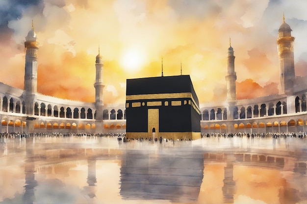 paesaggio ad acquerello vista di Kaaba con l'alba