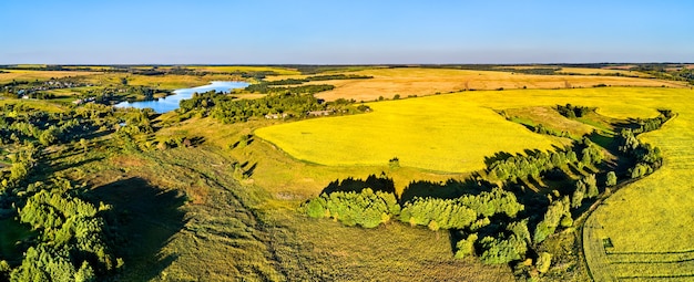 Paesaggio aereo dell'altopiano della Russia centrale. Villaggio di Nikolayevka, regione di Kursk.