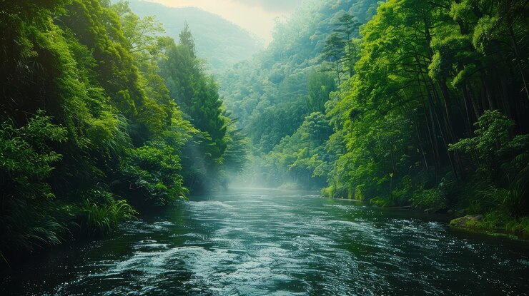 Foto paesaggio affascinante con una foresta verde lussureggiante un fiume sereno e un ampio spazio di copia sul lato sinistro che crea una carta da parati rinfrescante e tranquilla per qualsiasi dispositivo