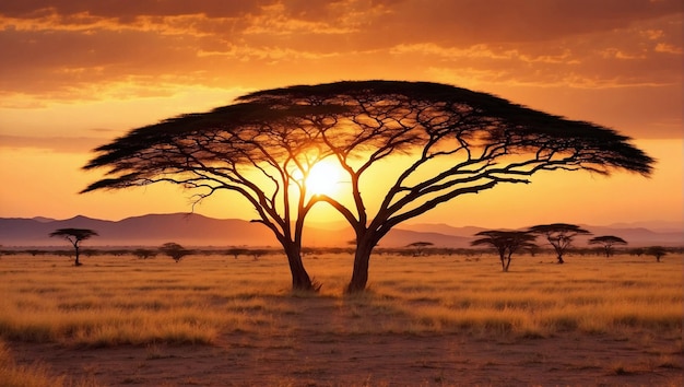 Paesaggio africano al tramonto con l'acacia in piedi contro lo sfondo del sole che tramonta