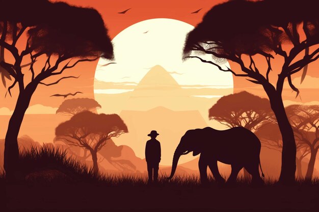 Paesaggio africano con animali selvatici e tramonto Illustrazione vettoriale in stile piatto