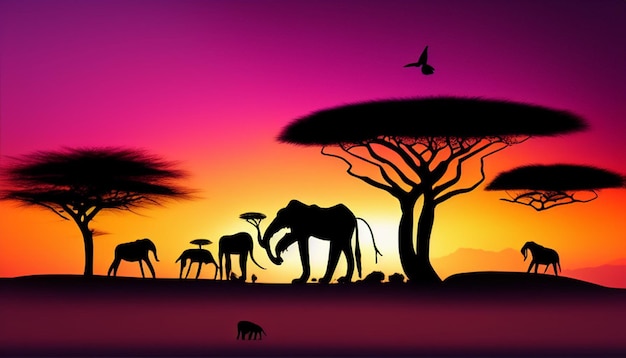 Paesaggio africano con la silhouette di molti animali al tramonto