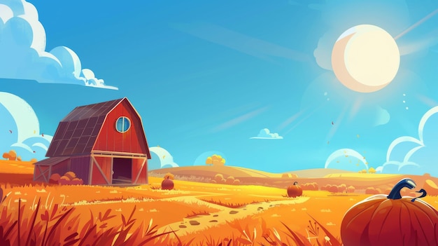 Paesaggio agricolo con fienile di legno rosso coltura di zucca erba arancione e suolo Illustrazione moderna con casa e verdure sotto cielo blu e sole brillante