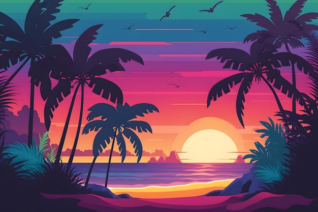 Paesaggio al neon Synthwave con palme e tramonto Sfondo in stile retrò Rete neurale AI generata